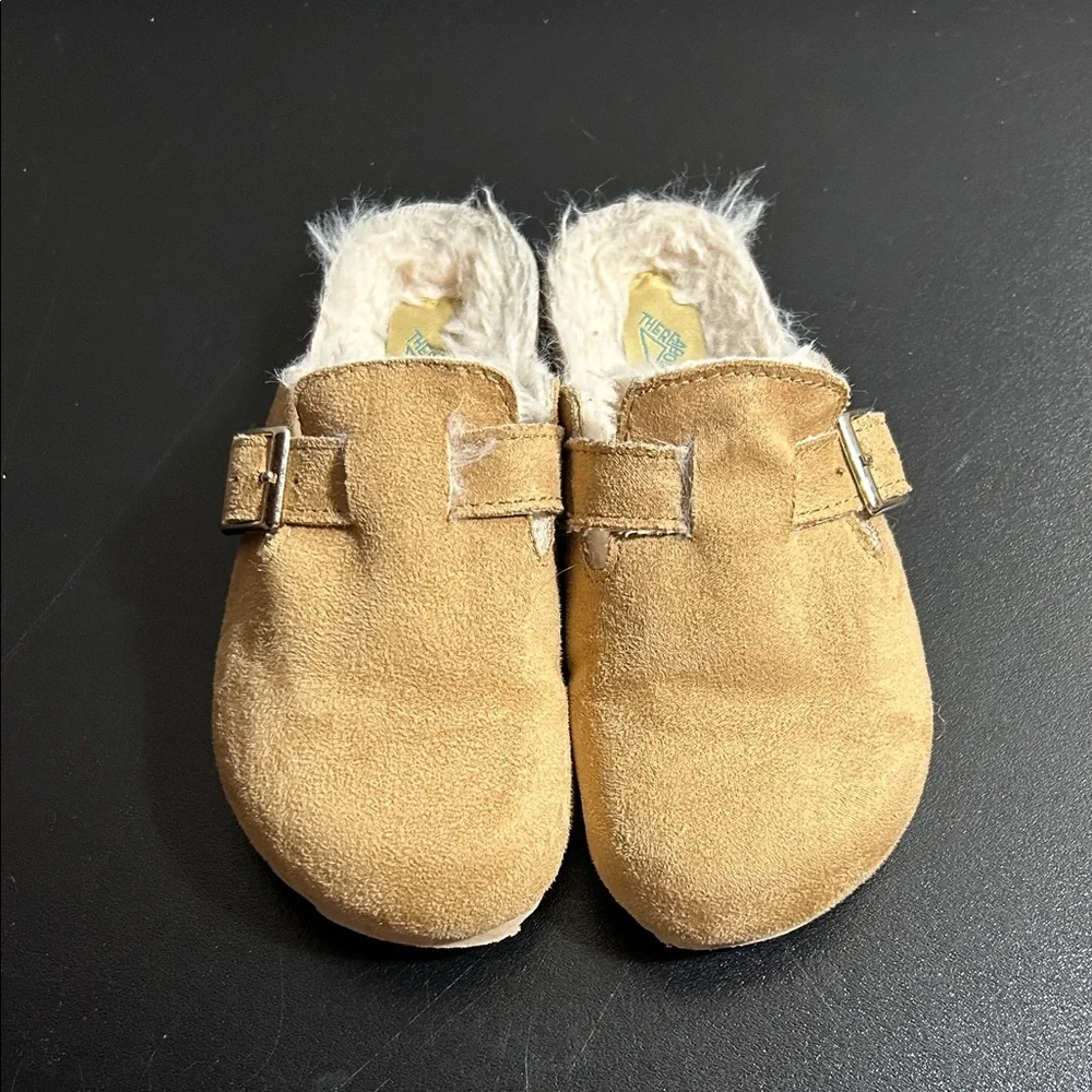 Tan Suede Kids‎ Slippers with Buckle